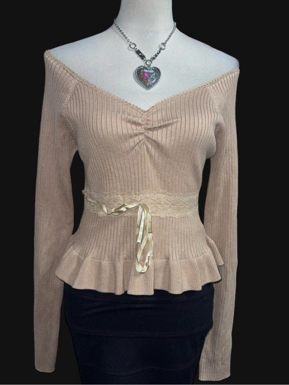 Love Tree Blush Off-the-Shoulder Ribbed Peplum Sweater
